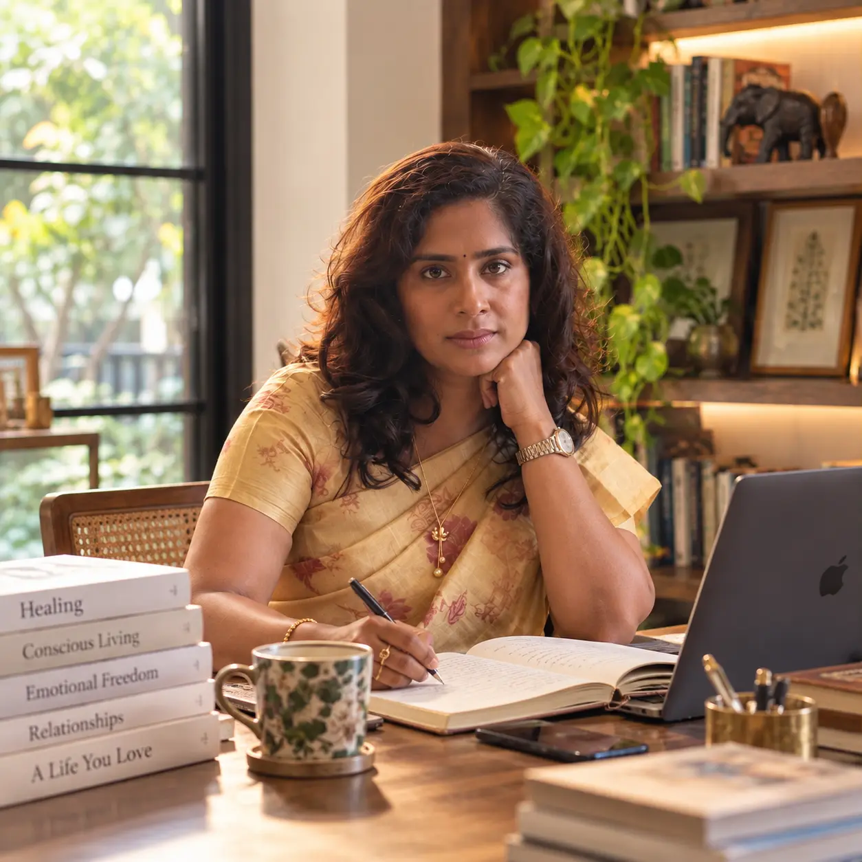 Dr. Indhu Nagaiah writing in a journal at her desk, surrounded by books and plants